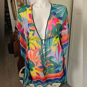 Bleu Rod Beattie Tropical Leaf Caftan Swim Cover-Up Multicolor Size S NWOT